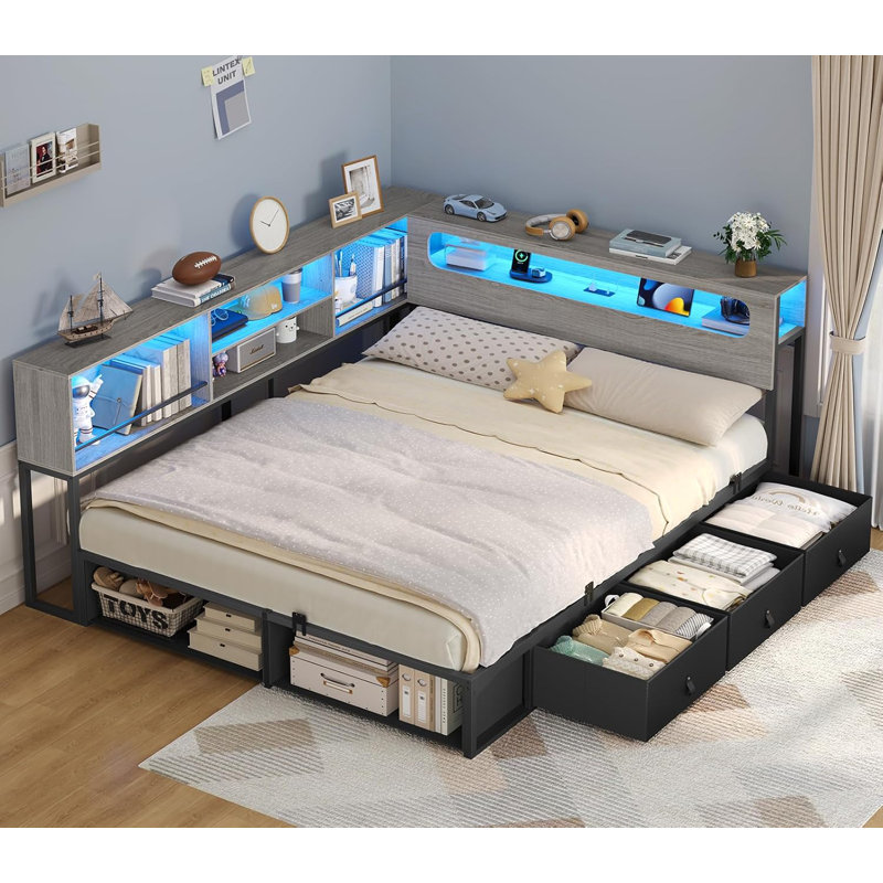 Corner Bed Frame Full Size With Bookcase Storage & Rgb Lights, Charging Station, Metal Daybed With 3 Drawers & 2 Open Cubbies, For  Small Space