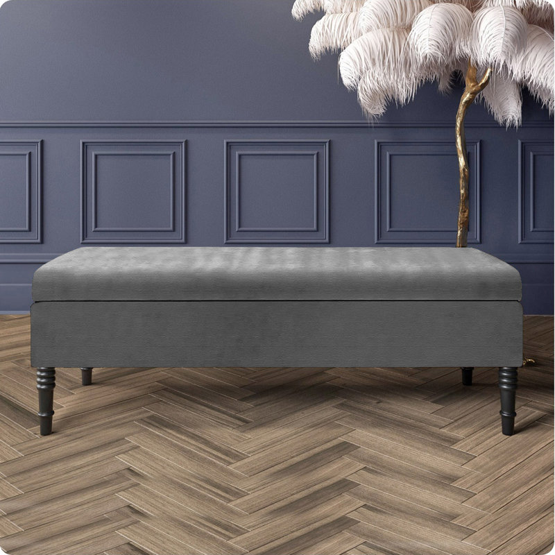 Safar Plain Ottoman Storage Bench – Upholstered Naples Shoe Bench with Black Turned Wooden Legs, Dark Gray