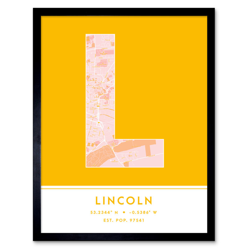 Lincoln City Map Lincoln England United Kingdom City Map Yellow - Single Picture Frame Typography