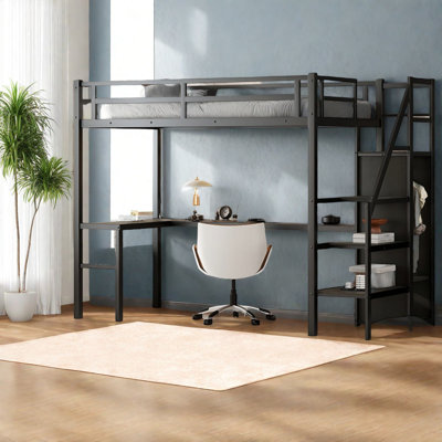 Lit mezzanine en métal avec rangement et bureau, noir moderne, simple TG