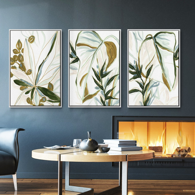 Tropical Impromptu I, ensemble de 3 toiles encadrées, H 40 po x l 78 po, Blanc