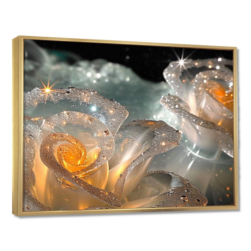 Sparking roses translucides Golden Glam Core - Rose Art mural salon, H 24 po x l 32 po x P 1 po, Toile avec cadre flottant or