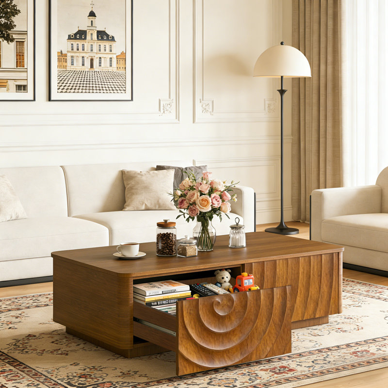 Table basse rectangulaire de 47 po avec rangement Mid-Century, Brun