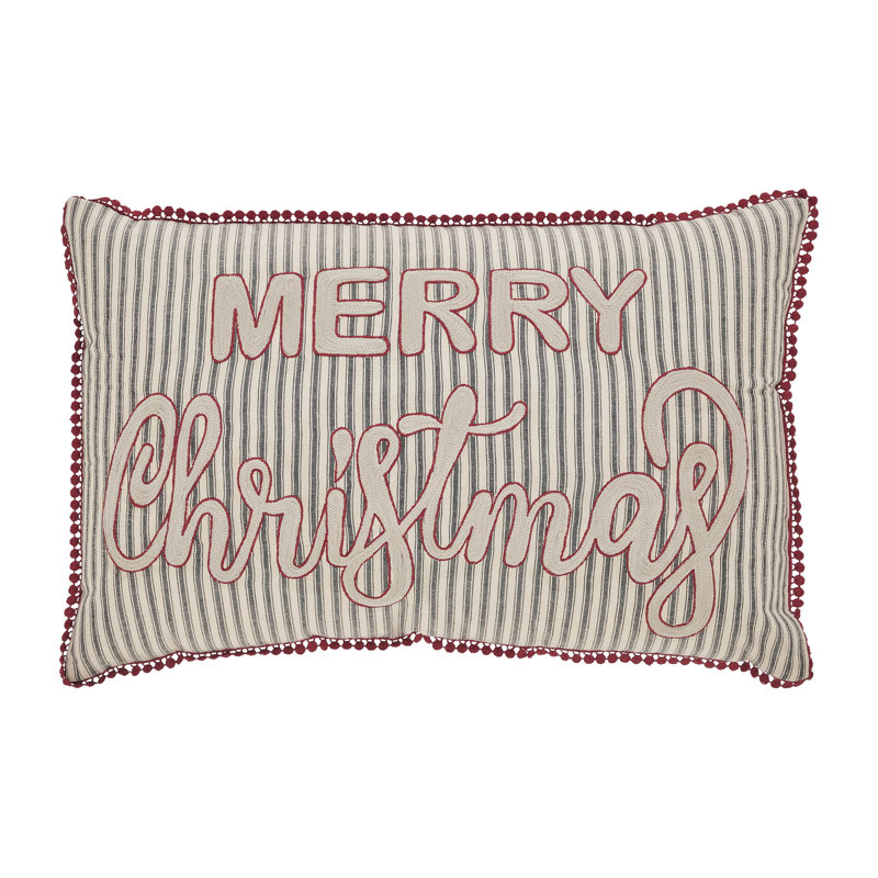 Merry Christmas Charcoal and Red Cotton Embroidered Throw Pillow