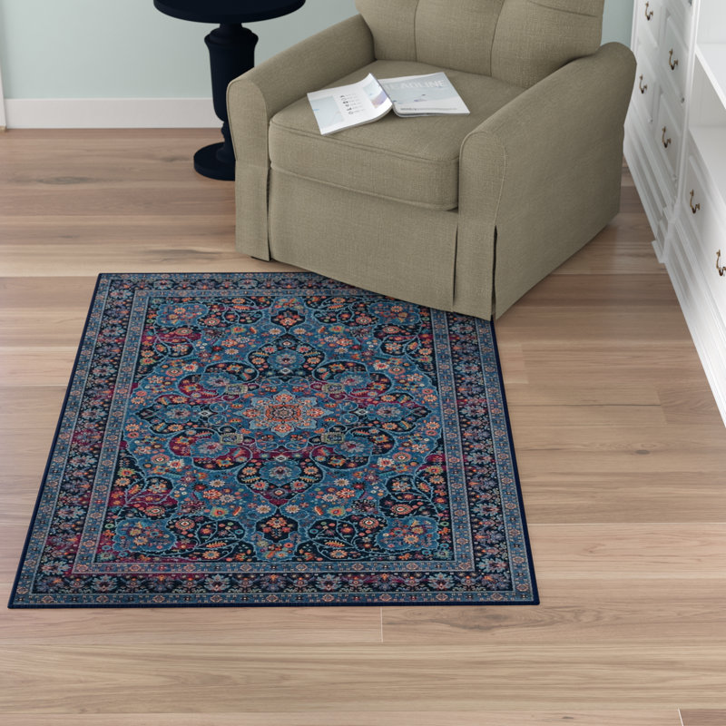 Breedlove Traditional Machine Woven Flatweave Blue and Raspberry Area Rug with Non Skid Backing, Rectangle 5' x 7'6"