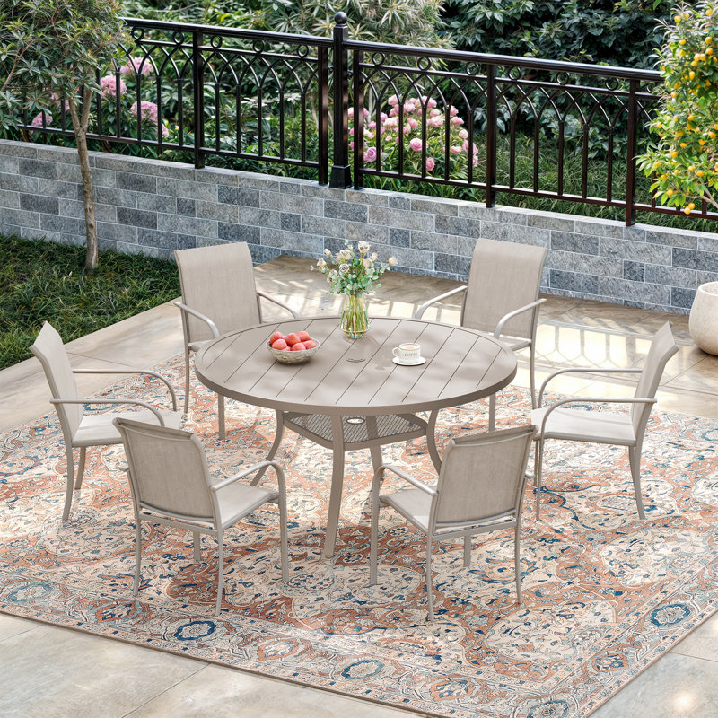 Ensemble repas d'extérieur pour 6 personnes avec chaises empilables, Crème, crème