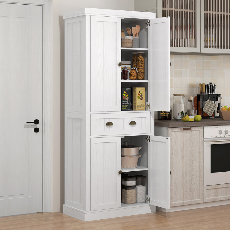 Armoire de rangement haute avec 4 portes, tiroir et tablettes réglables, Blanc