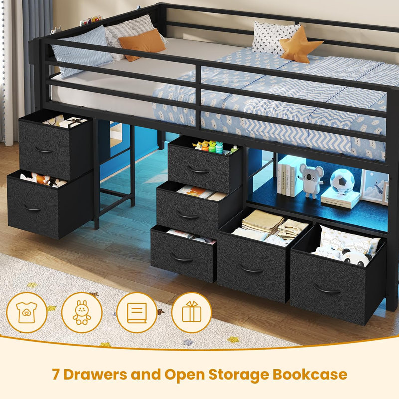 Low Loft Bed Twin Size With Stairs,7 Drawers, Bookcase And Led Lights, Black, Black