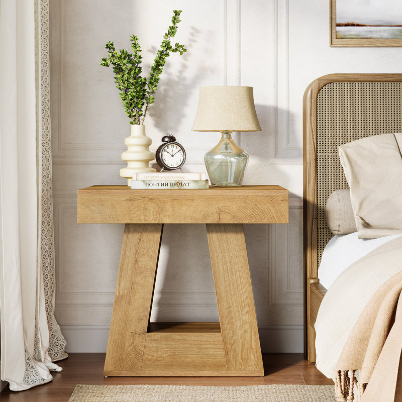 Modern 2-Tier Nightstand With Trapezoid Base, Wood-Grain Finish Bedside Table, Light Brown