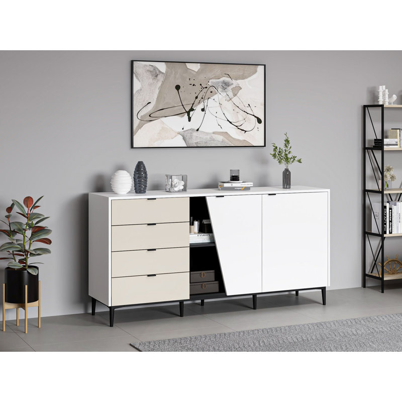 Modern Console Table with Metal Legs, White/Black/Sandstone, 70.9 x 35.4 x 17.7 inches | 100% Melamine Coated Particle Board, Thickness: 0.7 inches | Wall-Mountable, Multiple Shelves for Stylish Storage & Display