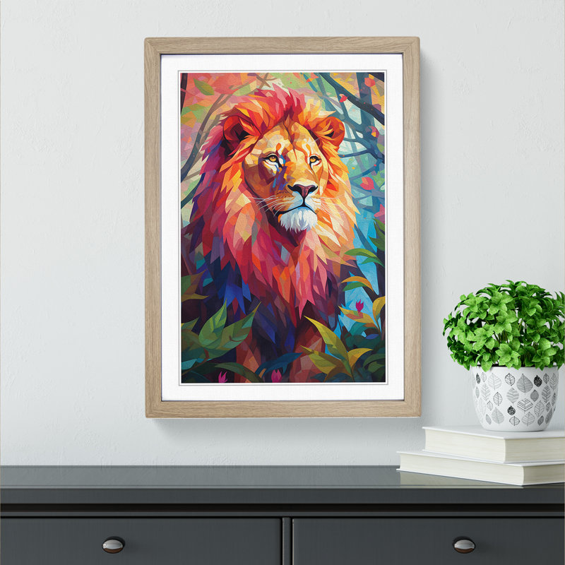 Lion Orphism No.2 - Single Picture Frame Print on Wood, Oak Framed, 46cm H x 34cm W x 2cm D