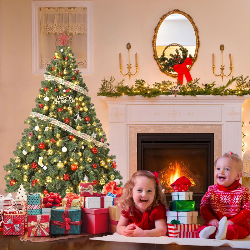 Arbre de Noël artificiel épinette 7,5 pi avec 1450 branches - pré-éclairé, facile à assembler, charnières en métal et base pliable pour la maison, le bureau et la fête