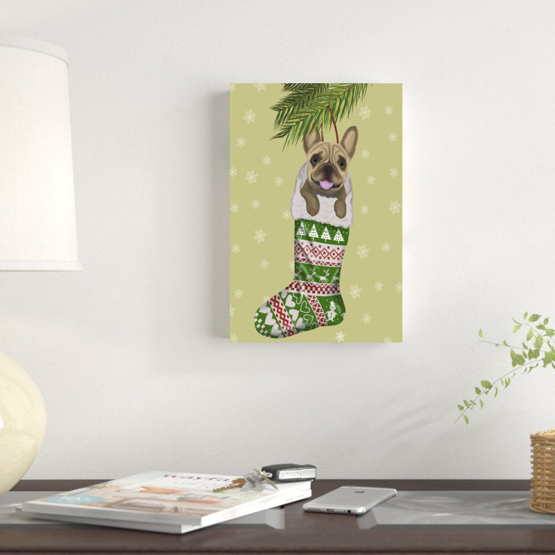 Bouledogue français dans un bas de Noël par Fab Funky - impression sur toile tendue, H 12 po x l 8 po