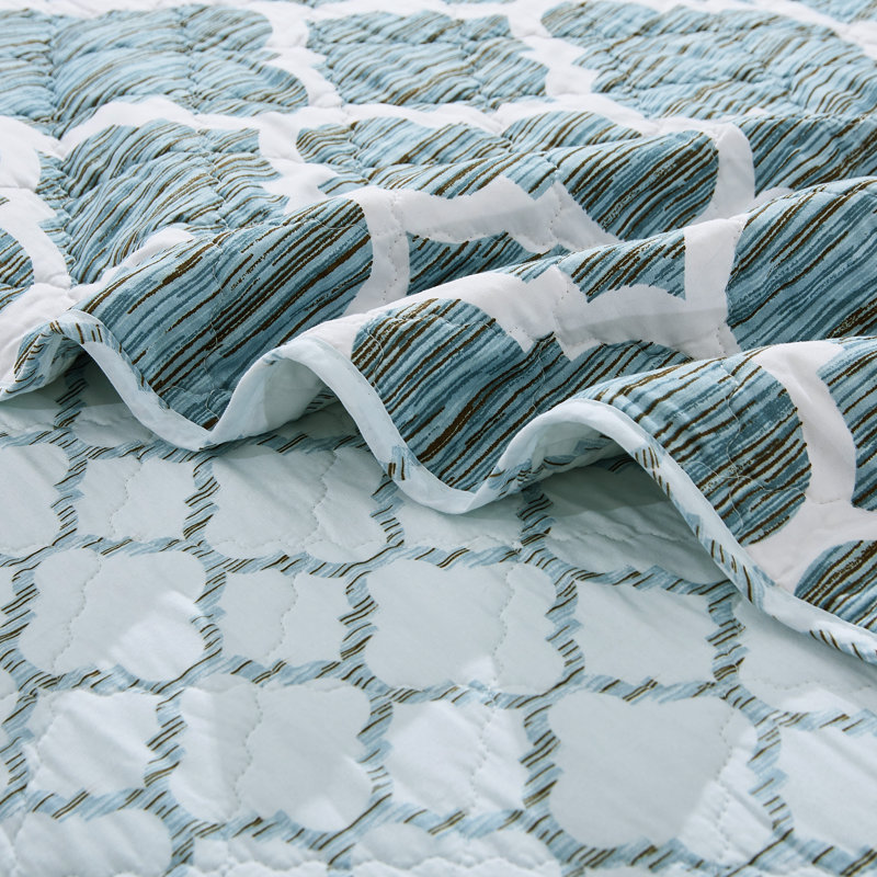 Blue Reversible Microfiber Queen Bedspread Set