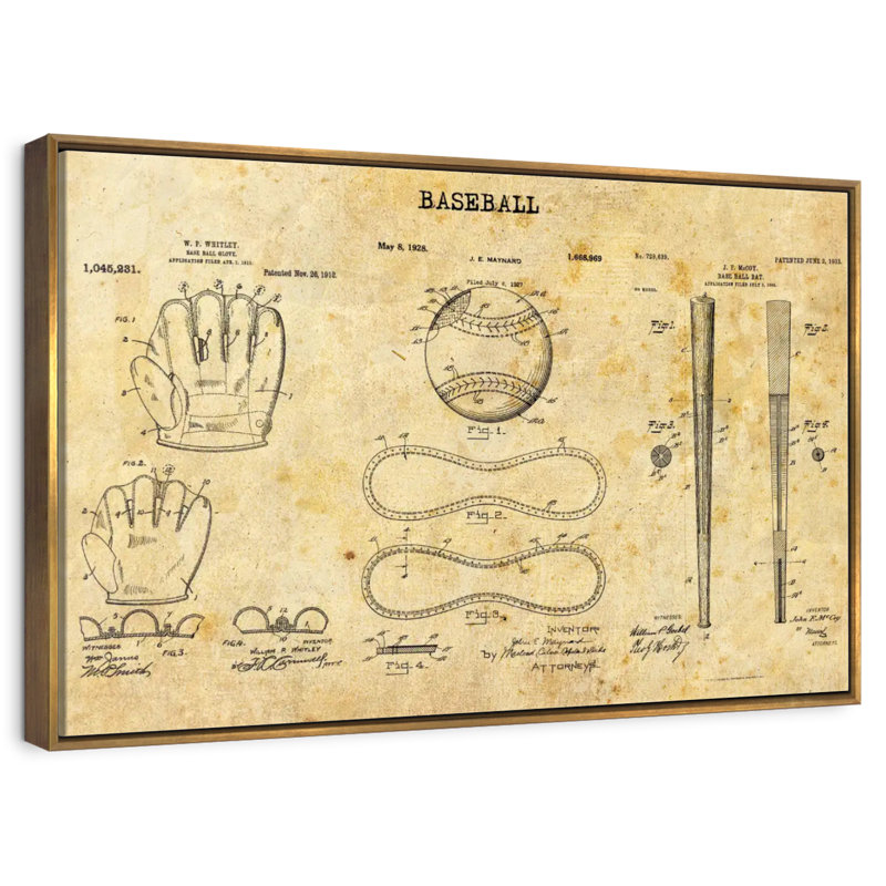 Baseball Compilation Patent, 46" X 31", Floating Frame Gold