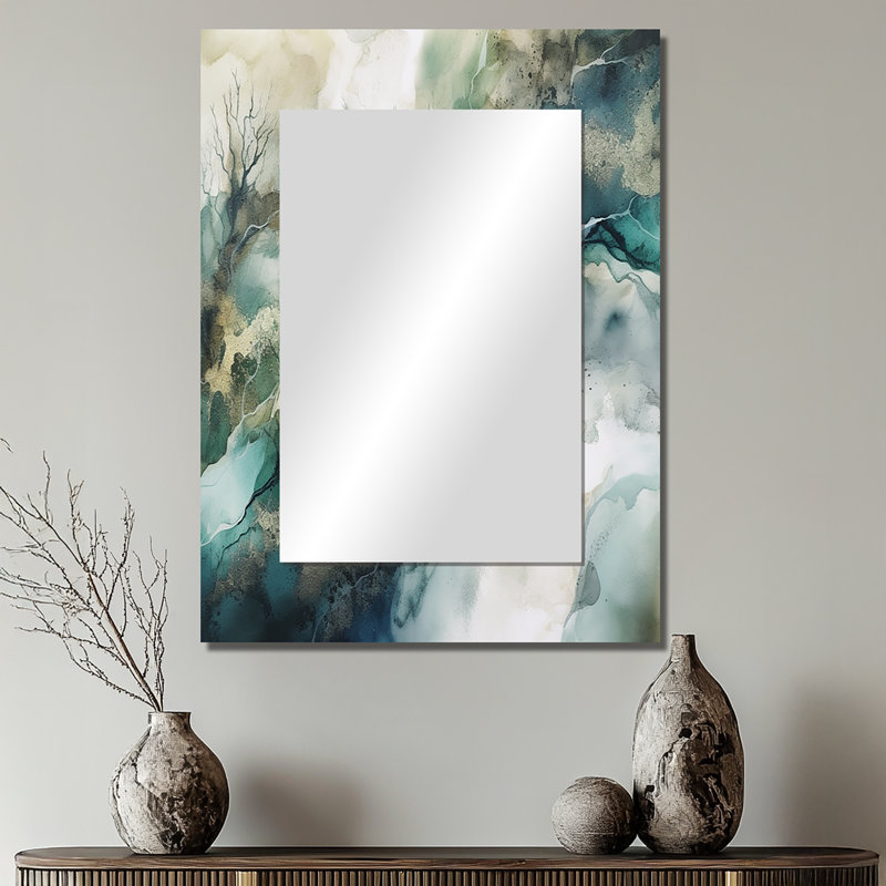 Vert bleu marbré Dreamscape I - miroir mural géométrique unique, miroir vert, impression d'art en métal, 32 po x 24 po