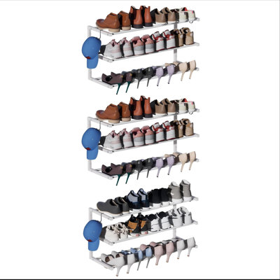 Étagère à chaussures murale, cette étagère à chaussures peut contenir 24 paires, porte-chaussures réglable en métal robuste de 17 à 30 po avec 4 crochets de rangement, 3 niveaux, paquet de 3 (blanc)