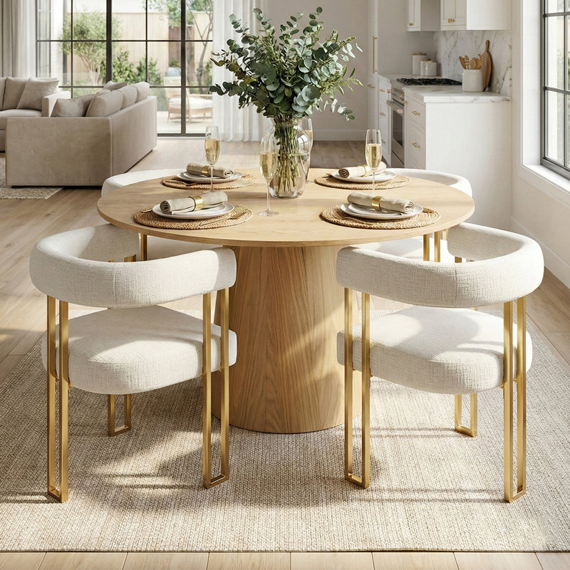 Bingham 4 - Person Dining Table Sets With 52'' Round Table & 4 Upholstered Chenille Gold Chairs, Ivory