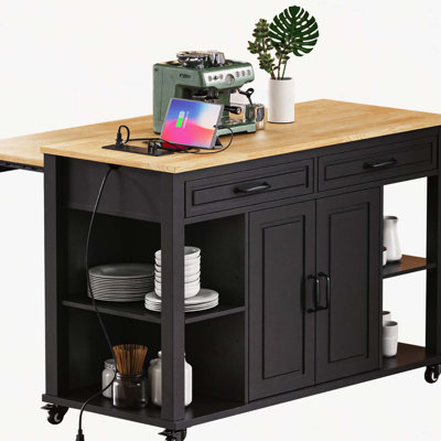47 inch Kitchen Island with Extendable Dining Table, Rubber Wood Veneer Kitchen Table with Internal Storage Rack, Power Outlet, Kitchen island with Storage 2 Drawers 2 Cabinet, Black