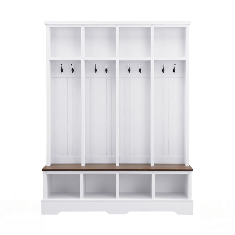 Farmhouse Hall Tree With 8 Hooks, Practical Entryway Bench With Open Compartments, White