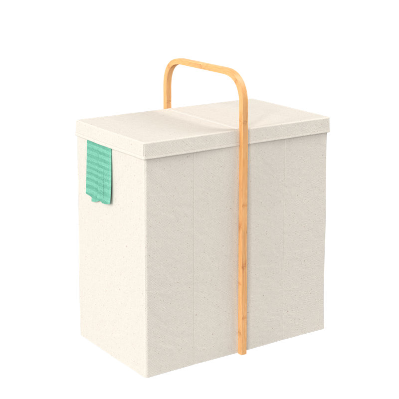 Beige Collapsible Laundry Hamper with Bamboo Handle and Lid