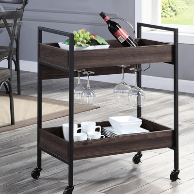 Small Rectangular Cart For Dining, 2 Tier Shelf, Walnut And Black Metal Frame, - Paper Wooden Top, Cup Holder Serving Coated