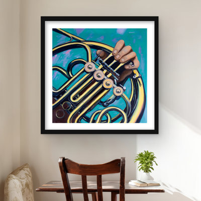 «Musician with French Horn - Turquoise», reproduction encadrée moderne