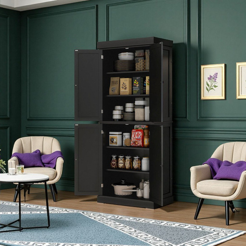 Garde-manger autoportant 72,5 po avec 4 portes et tablettes réglables, rangement en panneau de fibres à densité moyenne noir pour la cuisine et la salle à manger