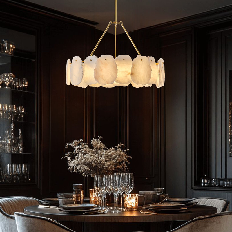 Lustre rond moderne en albâtre doré de 61 cm (24 po) avec bande DEL (ampoules incluses)