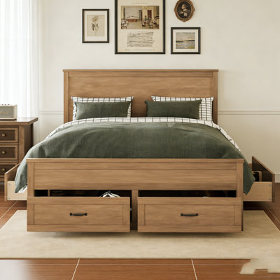 Structure de lit avec rangement en bois moderne à 6 tiroirs, lit plateforme avec support en lattes de bois, aucun sommier requis