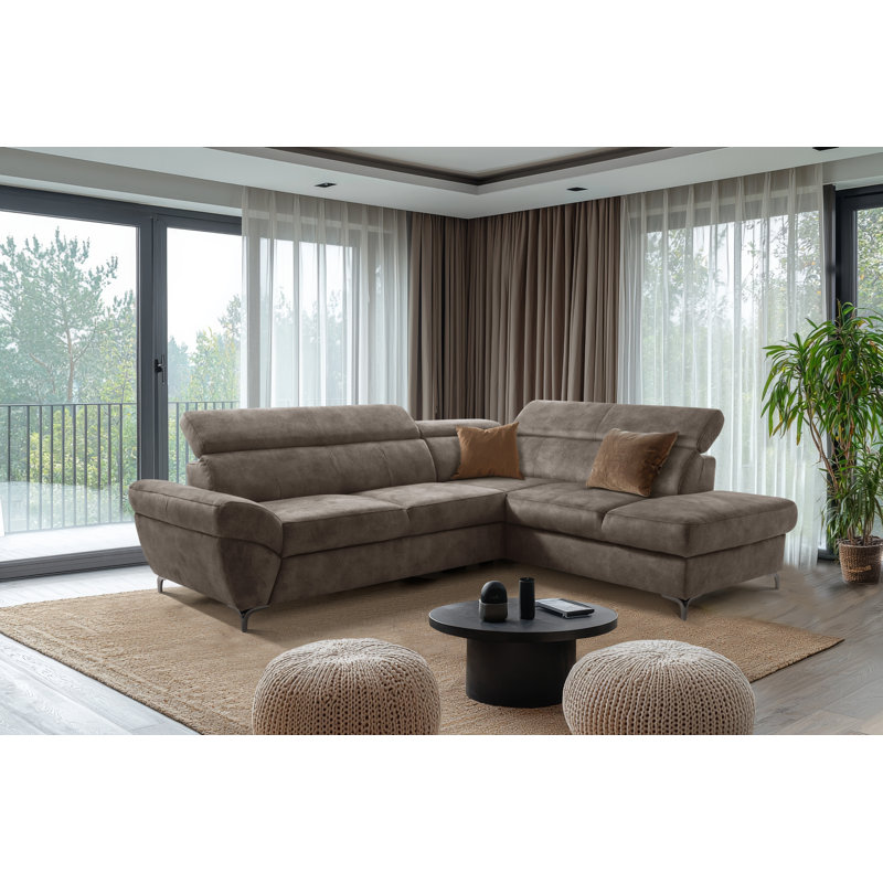 MONTANA Fabric Corner Sofa with Sleeping Function and Storage and Adjustable Headrests, Brown, Right Hand Facing