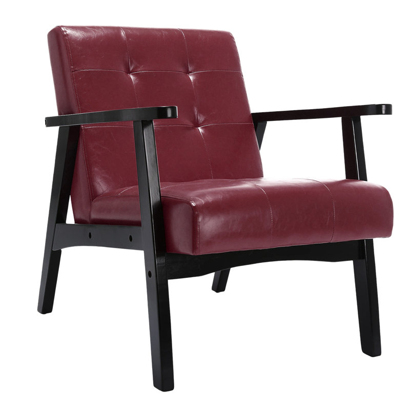Fauteuil Mid-Century moderne en cuir artificiel touffeté de 21,65 po de large Havva, Bourgogne
