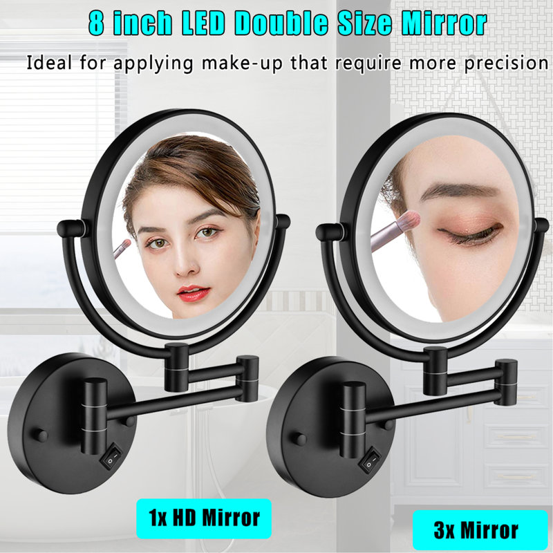 Miroir de maquillage à DEL à fixation murale à deux grossissements de 8 po à 12 po, noir mat, grossissement 1 / 3x, rotatif à 360 degrés, bouton de rasage imperméable à l'eau 8 po avec fixation, rotation