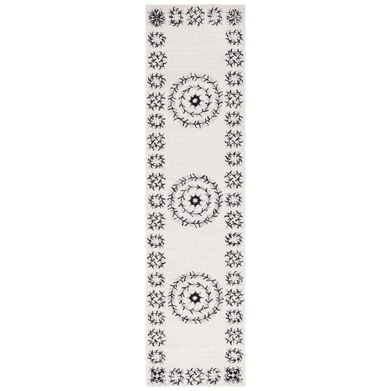 Tapis floral en laine touffeté à la main ivoire / noir, Tapis de couloir 2 pi 3 po x 9 pi