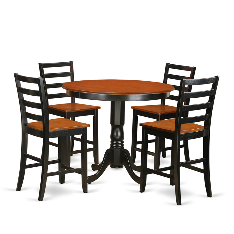 5 Piece Counter Height Pub Set Includes a Round Dining Room Table and 4 Kitchen Chairs, Black & Cherry, Black and cherry