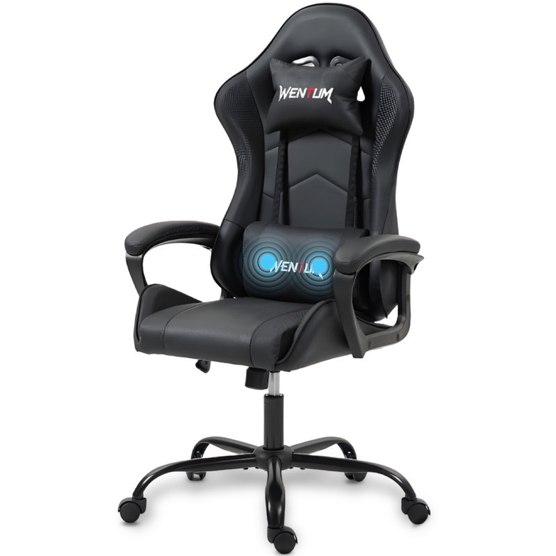 Fauteuil de jeu ergonomique de style course, fauteuil de bureau d'ordinateur à haut dossier avec support lombaire et appui-tête réglables, fauteuil de jeu PC pivotant en cuir synthétique 360 ° pour adultes