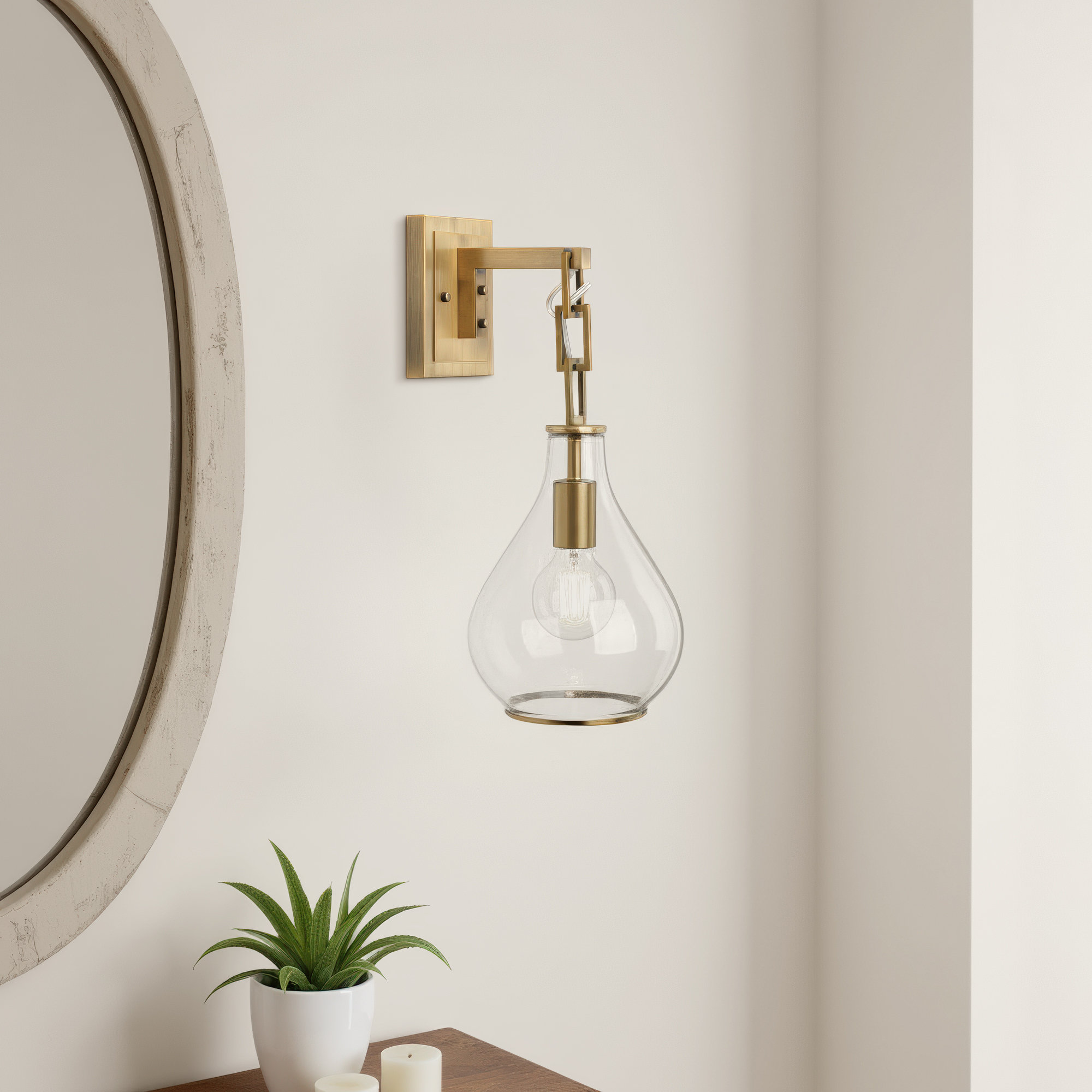 Single Light Glass Iron Dimmable Armed Sconce, Brass