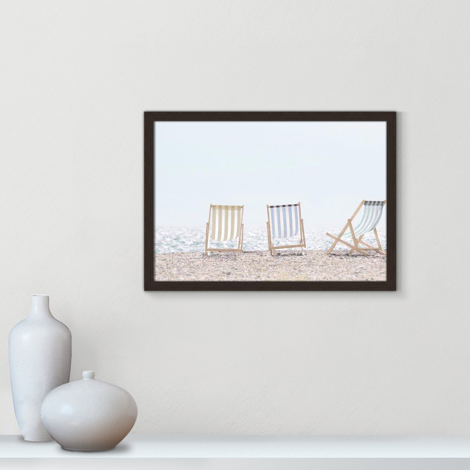 Adriatica "Beach Chairs" Print by Leah Straatsma, 17" H x 23" W x 1.25" D, Open Grain Walnut