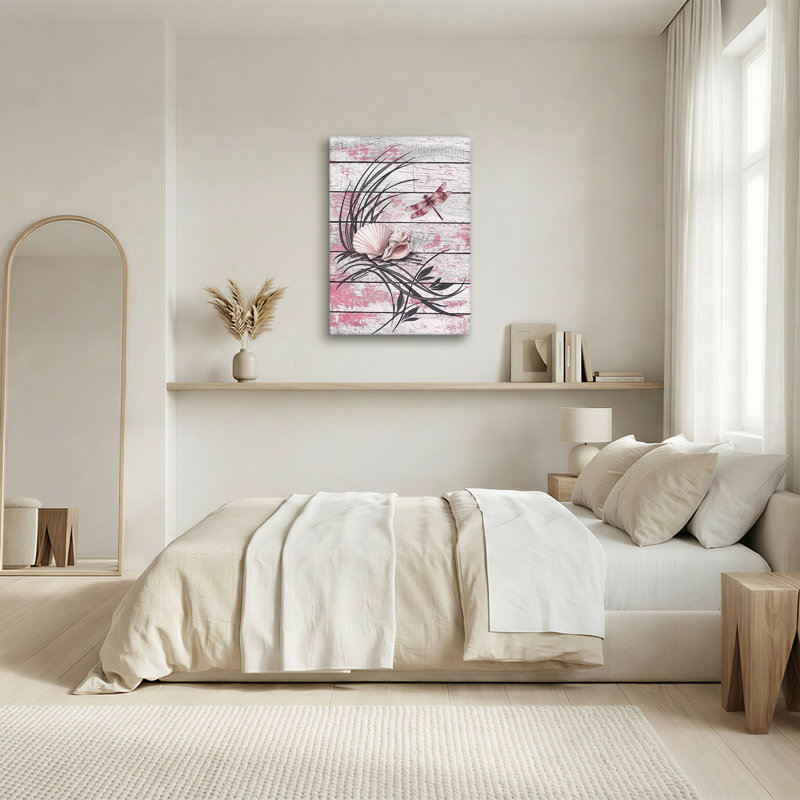 Libellule rose et coquillages sur bois patiné, art mural, H 24 po x l 16 po