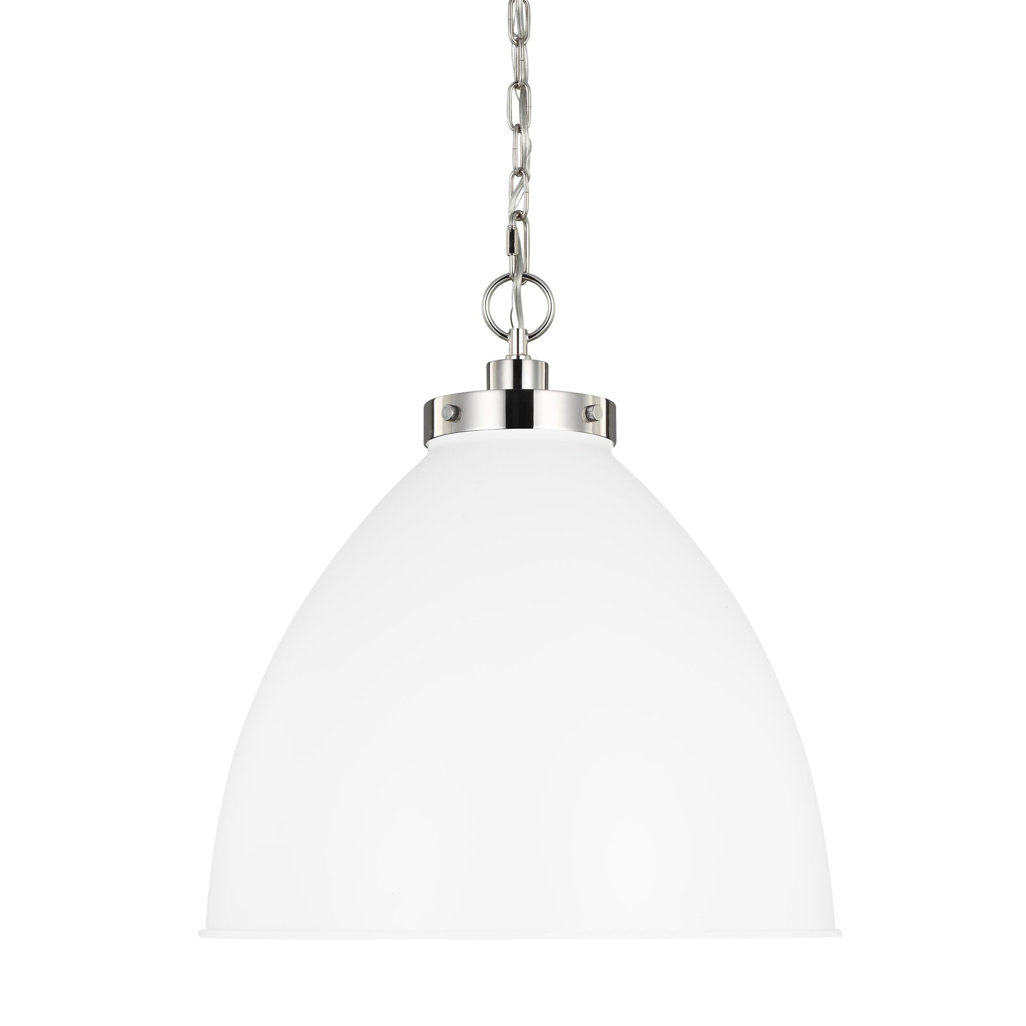 Single Light Metal Dimmable Pendant, Polished Nickel, Matte White, 19.5" H x 17.5" W x 17.5" D