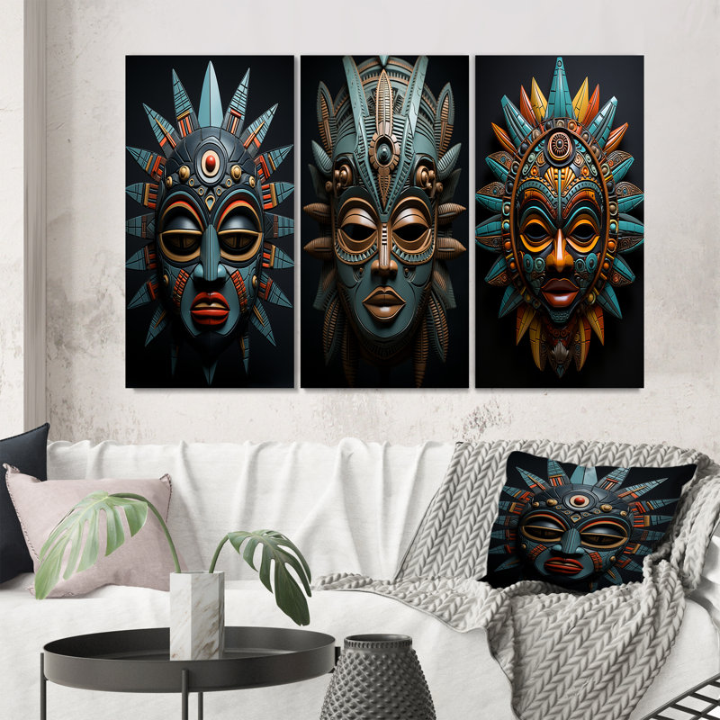"Masque tribal africain Chokwe", 3 pièces sur toile, Toile tendue, H 32 po x l 48 po
