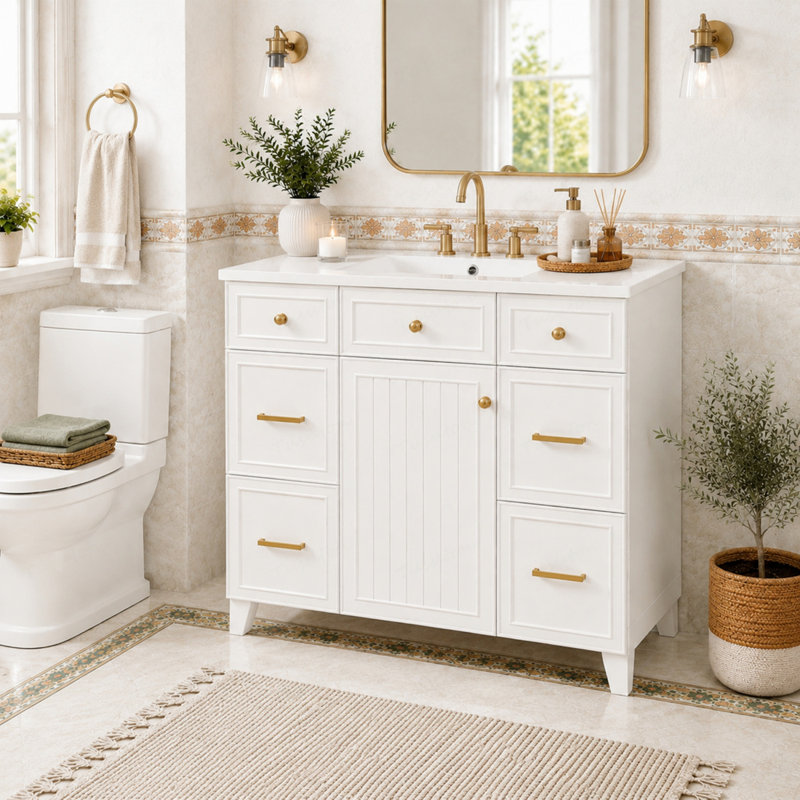 Meuble-lavabo avec lavabo en céramique blanche, structure en bois massif, portes à fermeture amortie, étagères réglables, 3 tiroirs, dont un tiroir à double profondeur pour sèche-cheveux.