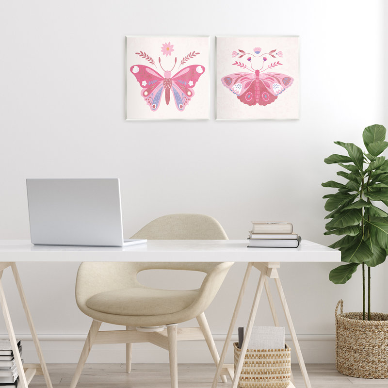 Ensemble de 2 plaques murales Pink Folk Butterflies, design par Kim Allen