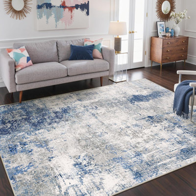 8X10 Machine Washable Area Rug, Modern Abstract Soft Low Pile Floor Carpet With Non Slip Backing For Living Room Bedroom Dining Room, Blue
