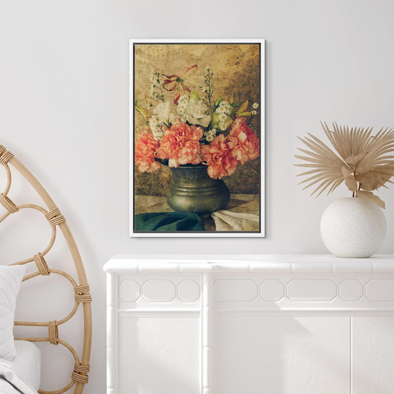 «Flower Blossom», œillets roses dans un vase, photographie de plantes rustiques multicolores sur toile, Cadre flottant blanc
