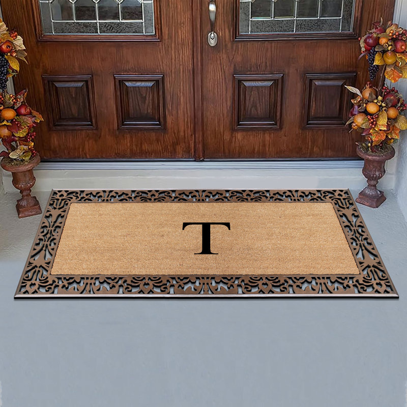 Dyari Natural Coir & Rubber Paisley Border Monogram Non-Slip Door Mat, 30"x60", Bronze, Heavy-Duty Low-Profile Outdoor Front Porch