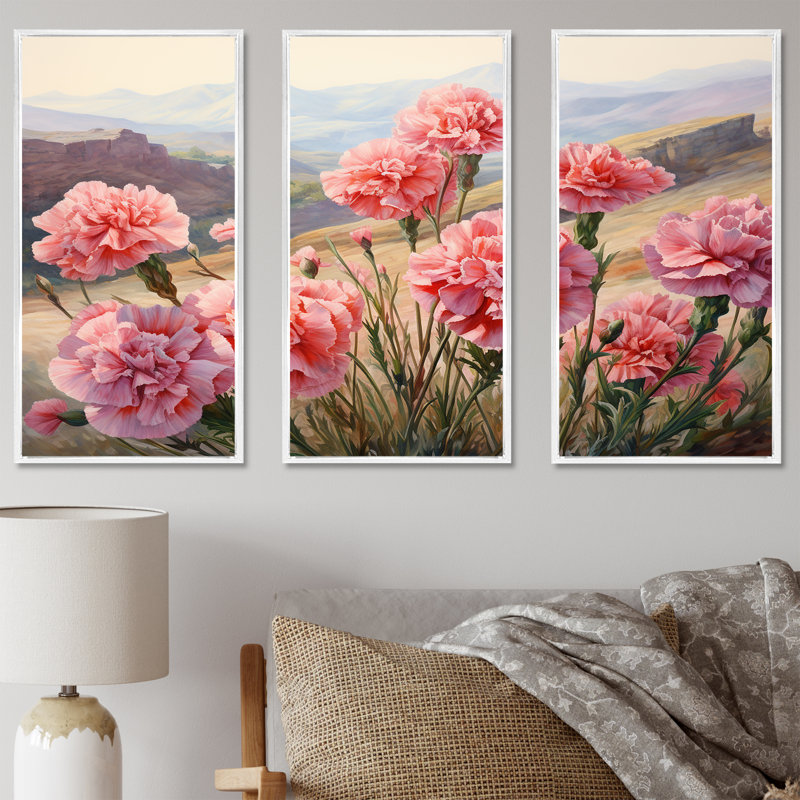 «Carnations Charm In Mountain Scenery», ensemble d'art sur toile, Cadre flottant blanc, H 40 po x l 60 po x P 1 po