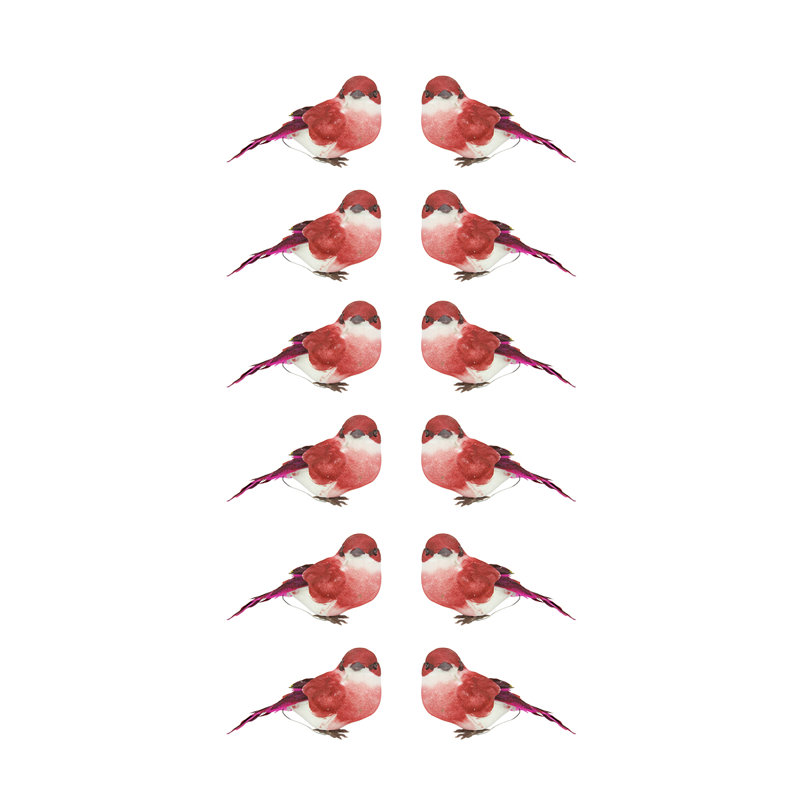 Ensemble de 12 décorations de Noël oiseaux rouges et roses 3,5 po