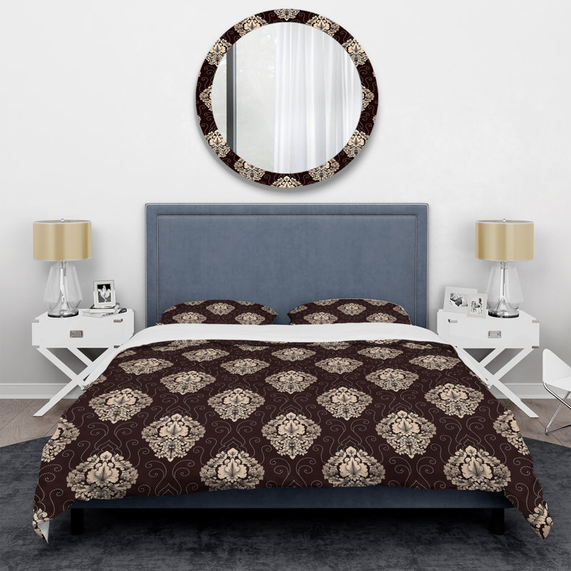 Brown Damask Polyester Damask Duvet Cover, King Duvet Cover + 2 King Shams