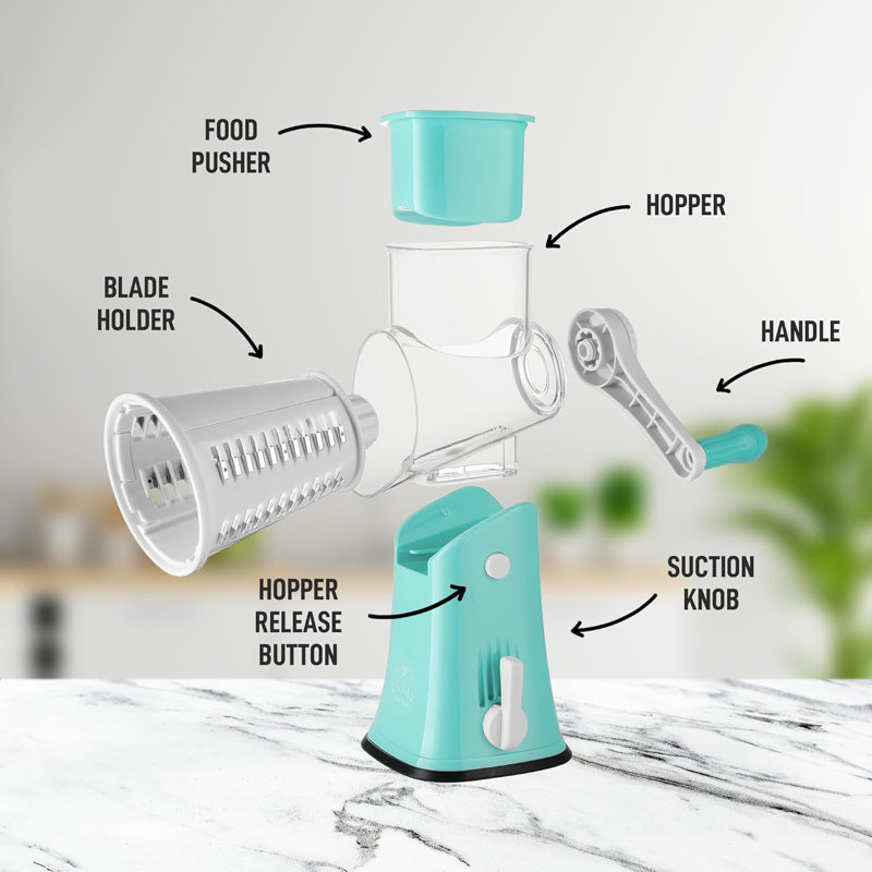 Zulay Kitchen Rotary Cheese Grater with 5 Stainless Steel Blades and Suction Base, Teal